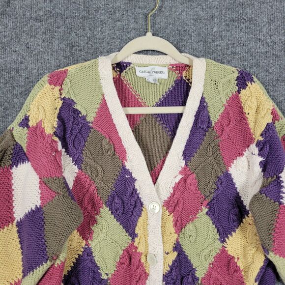 CASUAL CORNER Rainbow Argyle 3D Cable Knit Cardigan Cottagecore SIZE SMALL - Picture 3 of 10